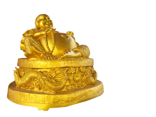 A Smiling Golden Fat Buddha Statue ( happiness style) on transparent bacground,wealth and lucky concept.