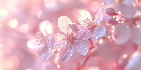Delicate pink flowers bloom softly in a dreamy, ethereal setting. The image captures beauty and tranquility. Perfect for spring-themed designs or floral inspiration. AI