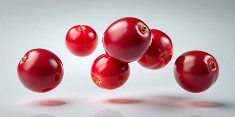 Surreal Floating Cranberries: Six Vibrant Red Berries Isolated on White