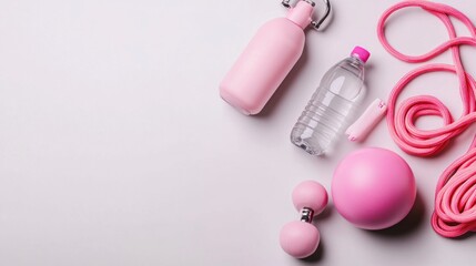 Flat lay of yoga essentials, top-view minimalist workout gear arrangement.
