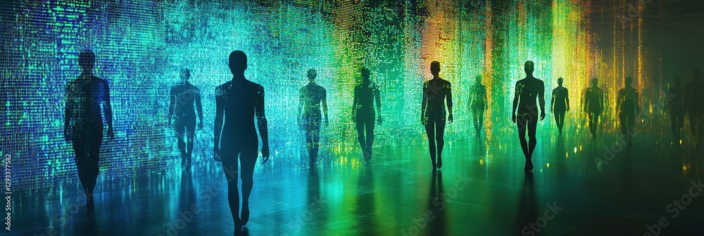 Aufkleber Exploring an abstract digital world with human silhouettes and floating matrix code at dawn. Generative AI