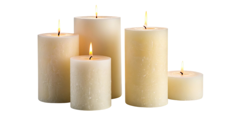 Set of pillar candles with flames illuminated, cut out
