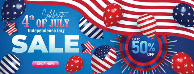 Fototapeta premium Happy 4th of July Sale Web Banner. Fourth July Independence Day Sale Background. 4th of July sale banner with American flag balloons, stars, confetti offering up to 50% discount