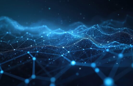 AI generated collage image of connected lines on cosmic dark blue background data network concept. Futuristic digital hi-tech technologies graphic art design for cyberspace, telecom and big data.