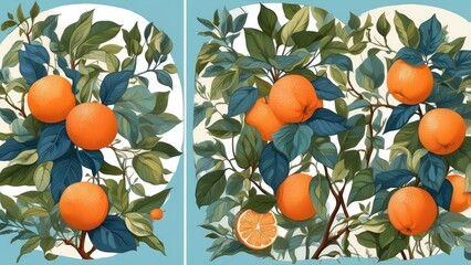 Four vertical panels featuring a repeating pattern of oranges, leaves, and branches.
