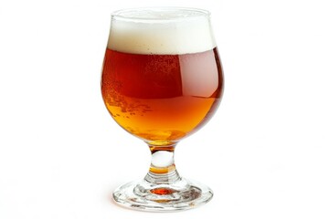 Glass of amber beer with frothy head on white background. AI generated