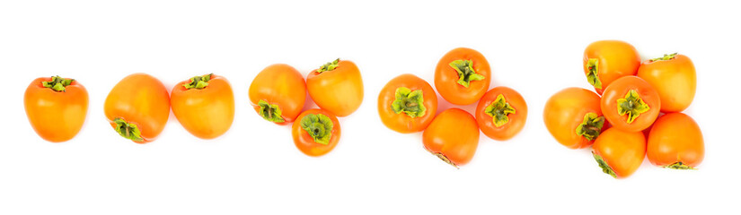 Persimmon isolated on white background. Persimmon fruit. Slice of ripe, juicy, sweet persimmon fruit. Vegan. Fruit garden. Close-up.