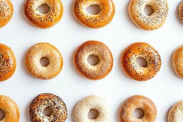 Golden bagels pattern on white background. AI generated