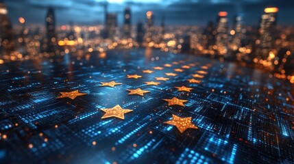 Fototapeta premium Golden stars, city background, futuristic, digital, graphic design