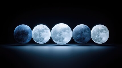 Moon phases sequence, dark background, celestial, science education