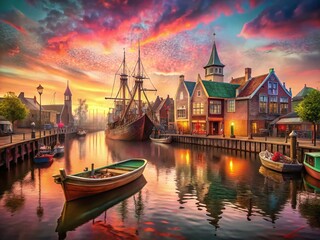 Fototapeta premium Surreal Hindeloopen Harbor: Dreamlike Sluice, Ships & Historic Buildings