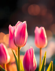 Fototapeta premium Bright Red Tulips Standing Tall Under the Warm Sunlight