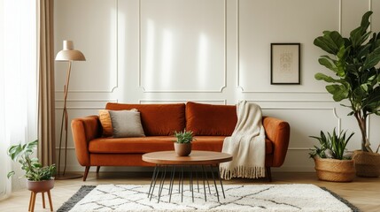 A cozy living room with a brown couch, soft rug, warm lamp, decorated with a plant and a coffee table.