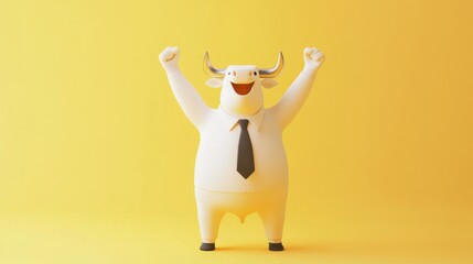 Cheerful animated bull character celebrates with excitement against a bright yellow background