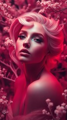 Fototapeta premium Stunning woman with elegant hairstyle surrounded by blossoms in a vibrant pink backdrop for a captivating phone wallpaper design