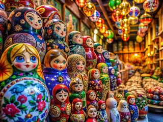 Fototapeta premium Surreal Market Scene: Nested Russian Dolls in Dreamlike Setting