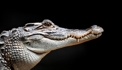Fototapeta premium Striking Closeup of a Crocodile on Black Background, Capturing Intense Eyes and Scaly Texture with Dramatic Lighting, Perfect for Digital Art, Home Decor, or Design Inspiration.
