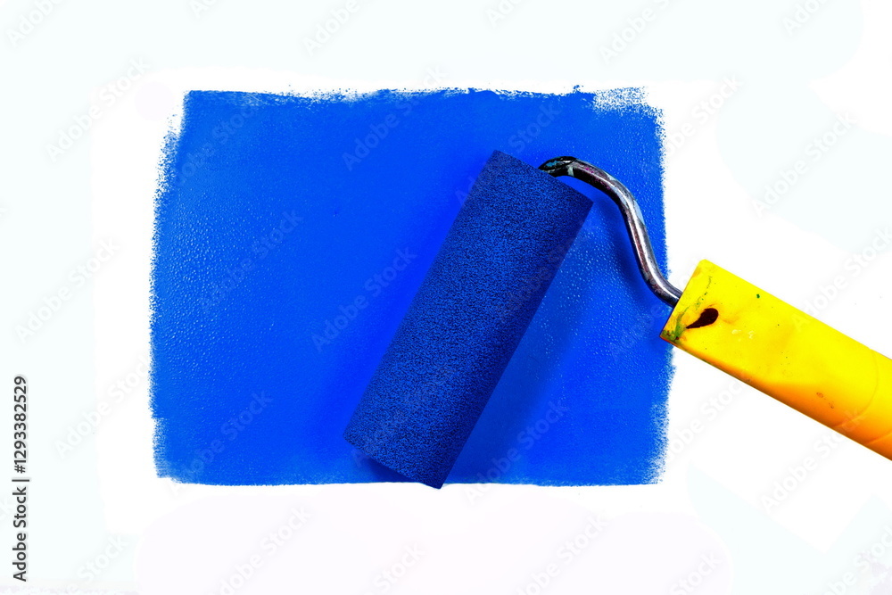 Fototapete painting a rough wall with roller. paint roller leaving stroke of blue color over a rustic backgroun