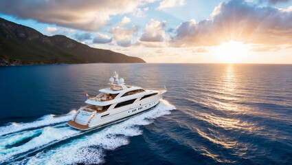 Aerial view of a luxurious white yacht cruising through a vast expanse of deep blue ocean