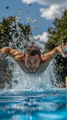 Fototapeta premium A joyful man dives into a vibrant blue pool. Water splashes all around him creating a thrilling moment. Enjoyment and excitement capture the essence of summer fun. Generative AI