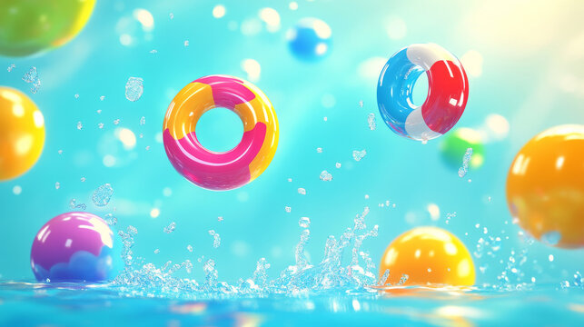 Pool party poster, summer background with colorful inflatable rings and balls float in swimming pool top view. Cartoon invitation flyer, card for summertime vacation entertainment, Vector illustration