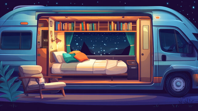 Camper interior with bed, bookshelves, chair and nightstand. Empty modern trailer car at night. Vector cartoon bedroom in camping van with cozy furniture. Minibus for travel and vacation inside