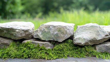 Close-up of a rustic stone wall with lush green moss, set against a blurred natural background.