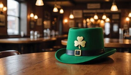 St. Patrick's hat over a pub table, St. Patrick's day banner, irish party