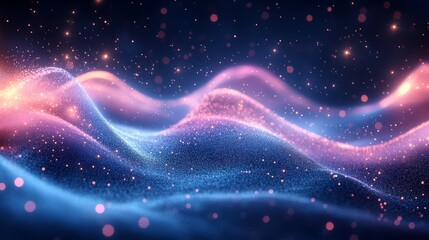 Obraz premium Glowing abstract waves with sparkling particles in pink and blue hues, mysterious night sky. Futuristic digital landscape and cosmic fantasy concept