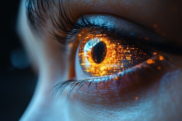 Eye reflecting vibrant digital data patterns showcasing technology and human connection in a close-up view
