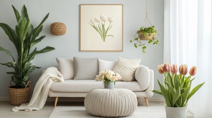 Bright spring decor for your living room with a poster frame, cozy pouf, and a touch of Easter cheer adding flowers, tulips, and elegant accents.