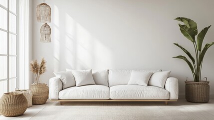 Clean, white living room with simple, modern decor. White couch with plenty of space for adding text. High-quality photo.