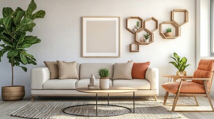 Cozy living room decor with a sofa, coffee table, rug, armchair, and personal touches. Features a mock-up poster frame. Perfect for interior design inspiration.