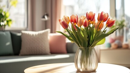 Cozy living room for spring with stylish sofa, furniture, tulips in a vase, Easter decor, cushions, and personal touches. Perfect for Easter celebrations.