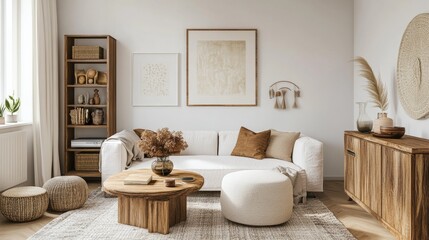 Cozy living room with a white sofa, wood furniture, artwork, and personal touches. Home decor inspiration.