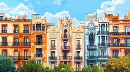 Fototapeta premium Art Nouveau cityscape featuring historic buildings with decorative ironwork, curving balconies, and elaborate facades 