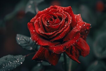 Dew-kissed red rose in moody lighting. AI generated