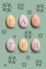 A festive illustration of Easter eggs, with soft pastel colors and decorative flowers, it creates a joyful and cozy mood.