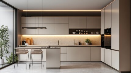 Modern kitchen in a contemporary apartment with cabinets in a light beige color.