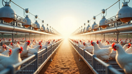 Fototapeta premium Chickens are resting in a well-lit farm area, surrounded by modern housing and feeding equipment, with warm sunlight illuminating the scene, creating a peaceful atmosphere