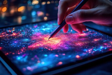 Obraz premium Creating vibrant digital artwork on a tablet using a stylus in a dimly lit creative workspace
