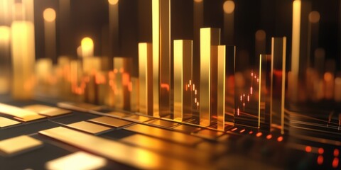 Abstract representation of sound waves and digital frequencies created with golden bars and lights in a dynamic visual display