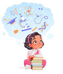 Cute Arab school girl dreaming of a career in science. Cartoon vector illustration.
