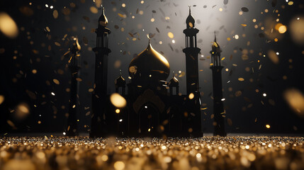 Elegant Golden Mosque Silhouette Festive Celebration Design Ramadan Islamic Architecture Background Golden Glitter Sparkling Night Elegant Festive Decoration Ornate Minaret Spiritual Faith Holy Prayer