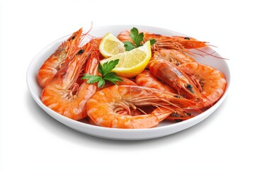Delicious cooked shrimp with lemon and parsley on a white plate. Seafood appetizer.