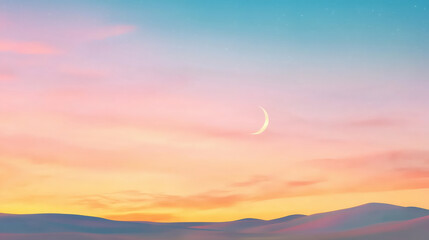 Fototapeta premium serene sky transitions from golden hour to twilight with crescent