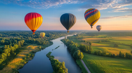 Fototapeta premium Summer landscape with flying hot air balloons, green fields, river and road. Vector cartoon illustration of countryside with colorful airships with baskets fly over meadows and grassland on hills