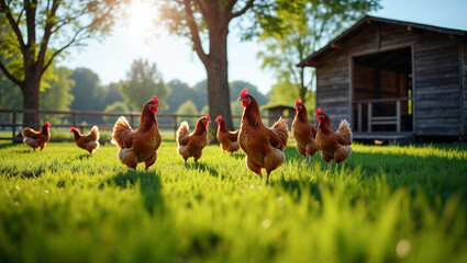 Chickens are foraging on lush green grass in a sunny environment with a rustic barn in the background. This rural setting captures vibrant farm life during the afternoon