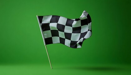Checkered flag, finish line, green backdrop, race