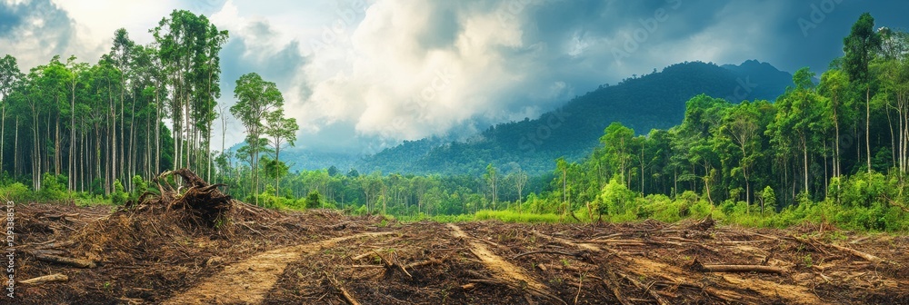 Poster contrast of deforested land with dead trees and thriving green forest in a nature conservation effor